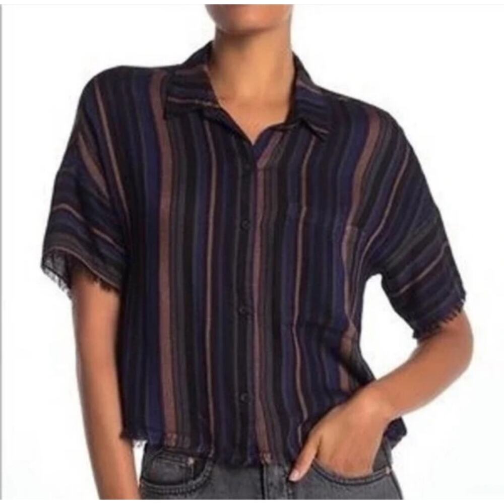 Cloth & Stone Striped Button Down Shirt Large | Frayed Hem Casual Top